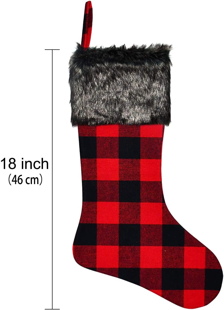 Christmas Stockings- 4 Pack 18" Red Black Buffalo Plaid Christmas Stockings with Plush Faux Fur Cuff, Classic Large Christmas Stockings Decorations for Family Christmas Holiday Party Decor