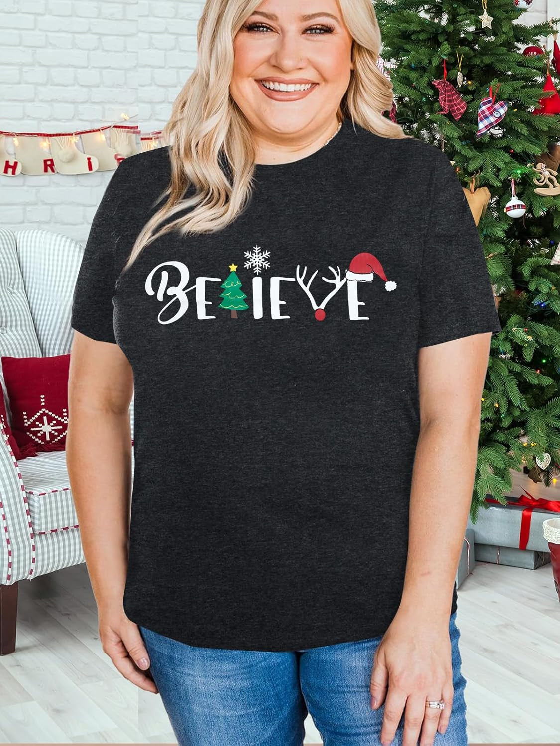 Christmas Shirt for Women Believe Letter Print T Shirts Xmas Holiday Short Sleeve Pullover Tops Christmas Vacation Tee Shirts