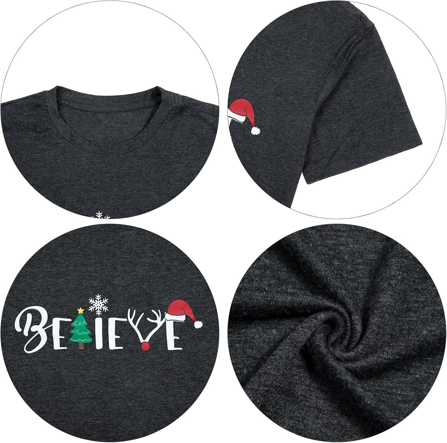 Christmas Shirt for Women Believe Letter Print T Shirts Xmas Holiday Short Sleeve Pullover Tops Christmas Vacation Tee Shirts