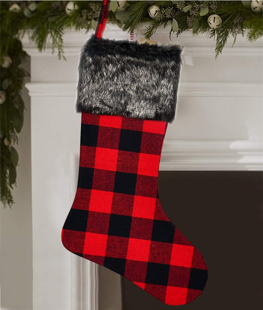 Christmas Stockings- 4 Pack 18" Red Black Buffalo Plaid Christmas Stockings with Plush Faux Fur Cuff, Classic Large Christmas Stockings Decorations for Family Christmas Holiday Party Decor