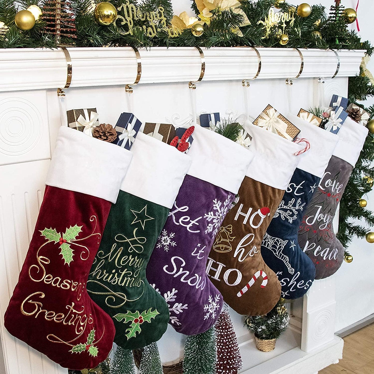 Christmas Stockings 6 Pack for Family 22" Large Quilted Lining Embroidery Classic Luxury Velvet Red Green Purple Blue Grey Brown Hanging Ornament Decorations for Fireplace Xmas Season (Set of 6)