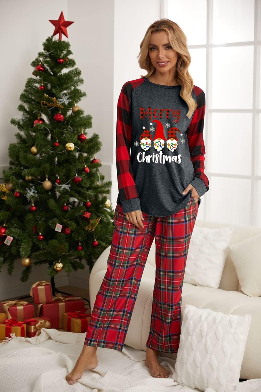 Merry Christmas Shirts for Women Gnomes T-Shirt Lights Plaid Splicing Raglan Long Sleeve Tee Xmas Holiday Pullover Top