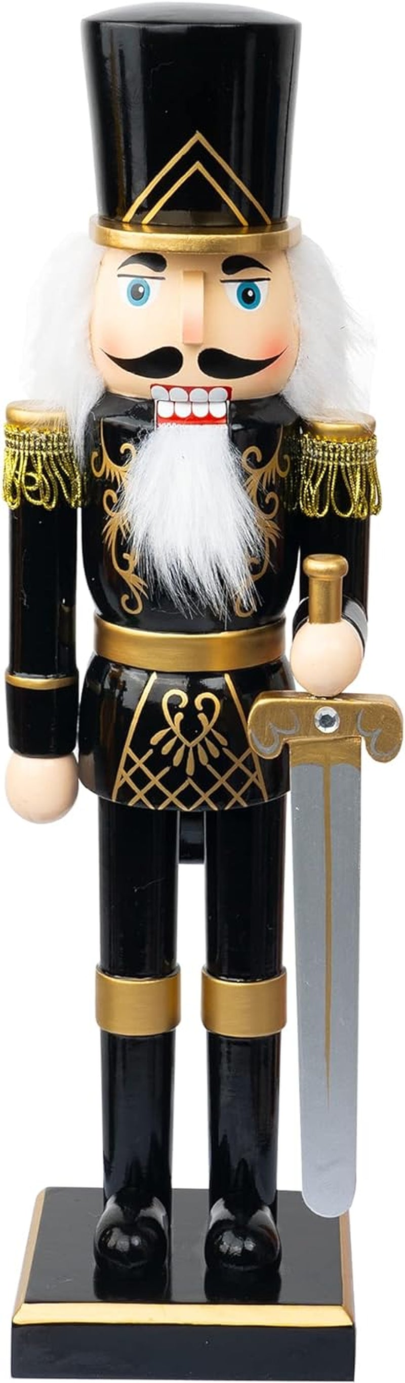 14" Christmas Decorative Nutcracker Figures, Wooden Black Soldier in Black Uniform Hold Sword, Festive Collectible Nutcracker Gift for Indoor Winter Table Desktop Fireplace Decorations