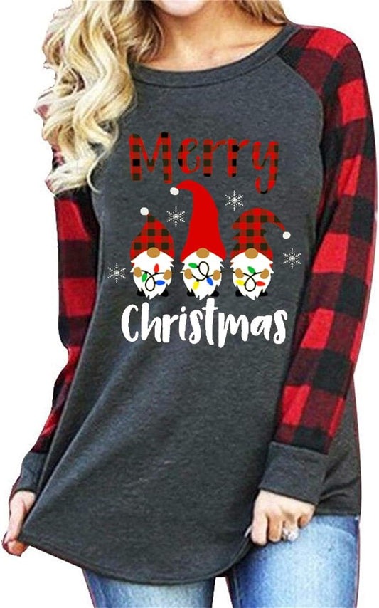 Merry Christmas Shirts for Women Gnomes T-Shirt Lights Plaid Splicing Raglan Long Sleeve Tee Xmas Holiday Pullover Top