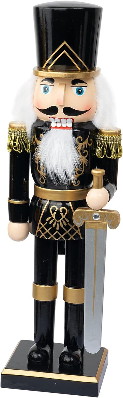 14" Christmas Decorative Nutcracker Figures, Wooden Black Soldier in Black Uniform Hold Sword, Festive Collectible Nutcracker Gift for Indoor Winter Table Desktop Fireplace Decorations