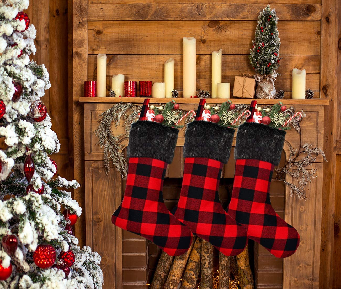 Christmas Stockings- 4 Pack 18" Red Black Buffalo Plaid Christmas Stockings with Plush Faux Fur Cuff, Classic Large Christmas Stockings Decorations for Family Christmas Holiday Party Decor