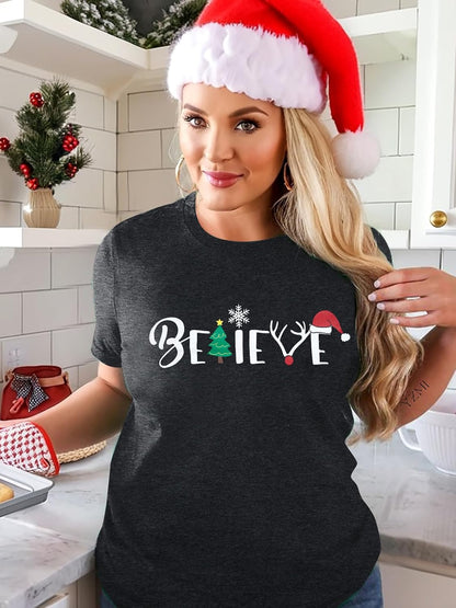 Christmas Shirt for Women Believe Letter Print T Shirts Xmas Holiday Short Sleeve Pullover Tops Christmas Vacation Tee Shirts