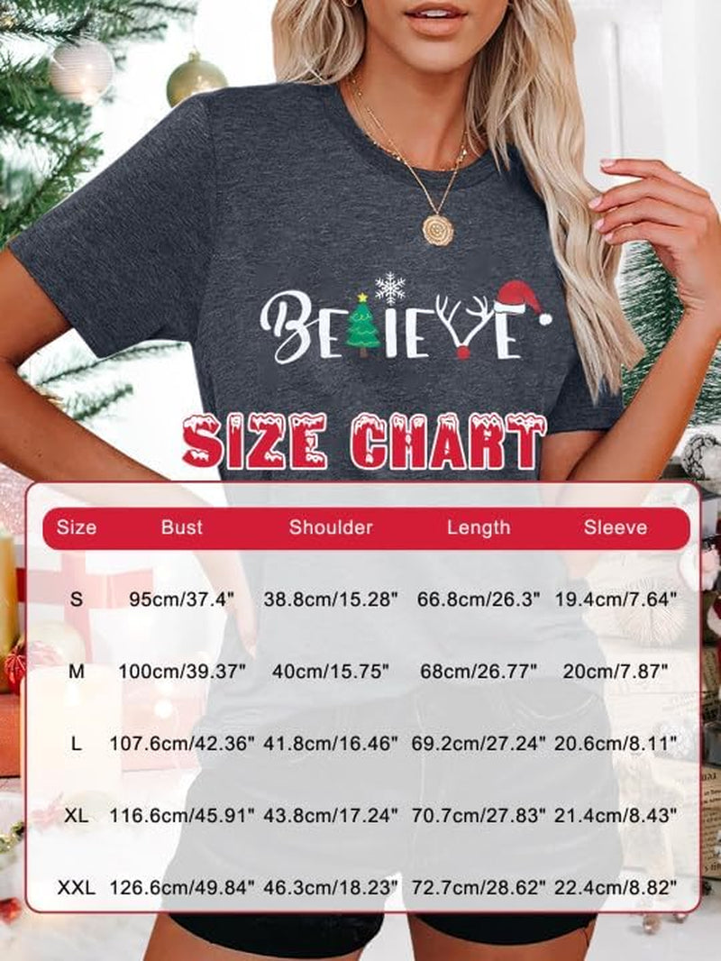 Christmas Shirt for Women Believe Letter Print T Shirts Xmas Holiday Short Sleeve Pullover Tops Christmas Vacation Tee Shirts