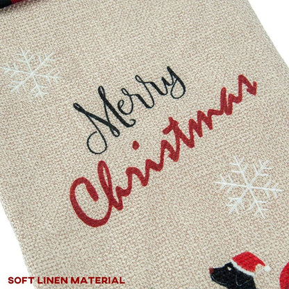 Burlap Christmas Stockings 21 Inch Embroidered Linen with Red and Black Buffalo Plaid Cuff for Gift Holders Holiday Decorations