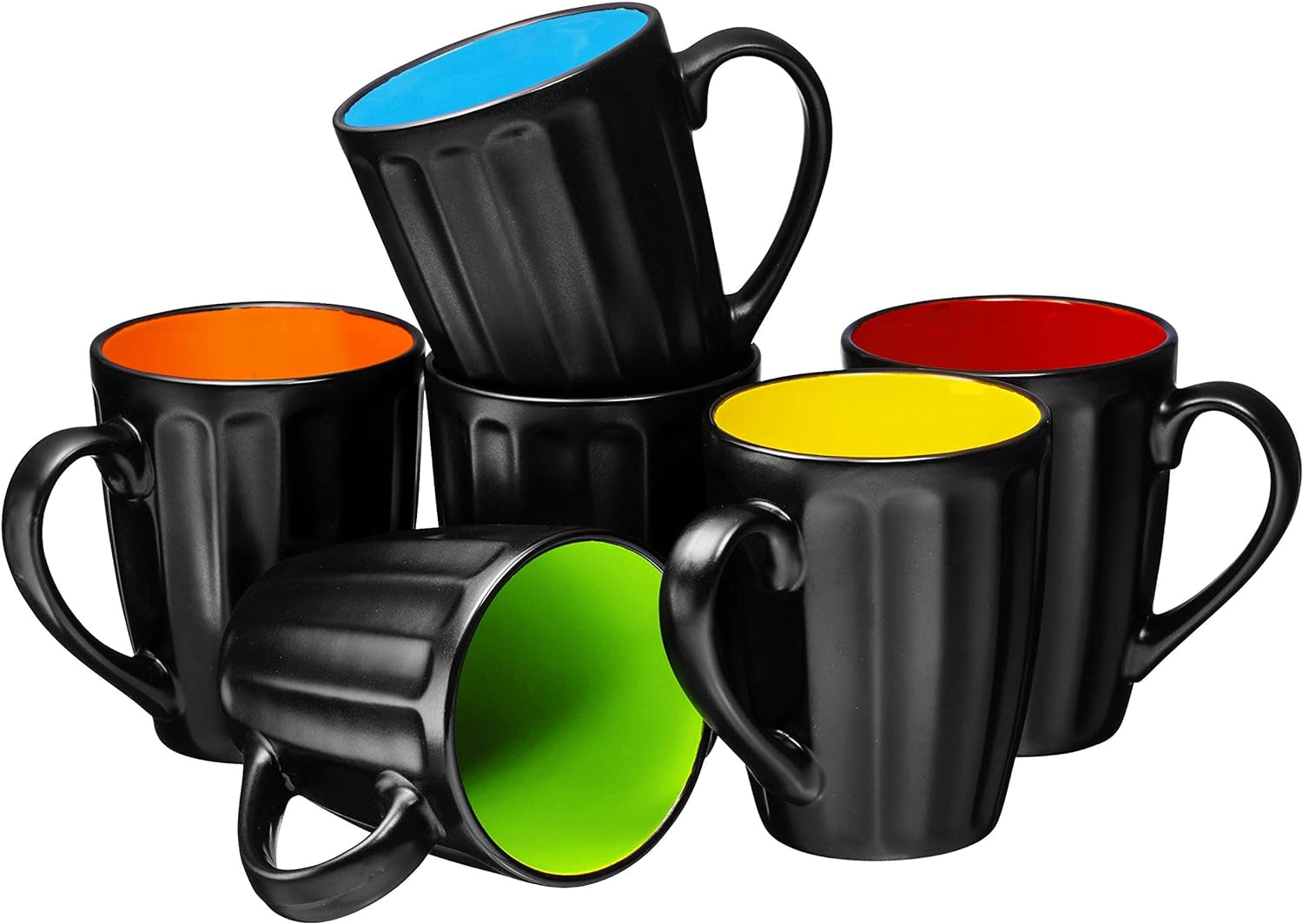 16Oz Matte Black Coffee Mugs Set of 6, Large Size Ceramic Espresso Cups, 16 Ounce Coffee Mugs, Black Coffee, Multicolor Inside