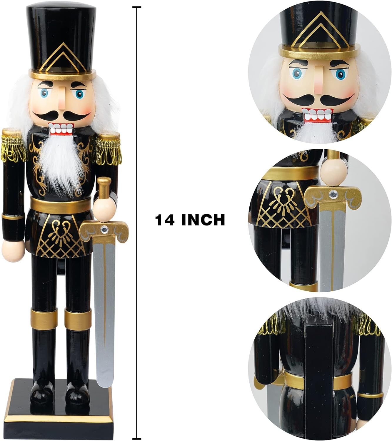 14" Christmas Decorative Nutcracker Figures, Wooden Black Soldier in Black Uniform Hold Sword, Festive Collectible Nutcracker Gift for Indoor Winter Table Desktop Fireplace Decorations